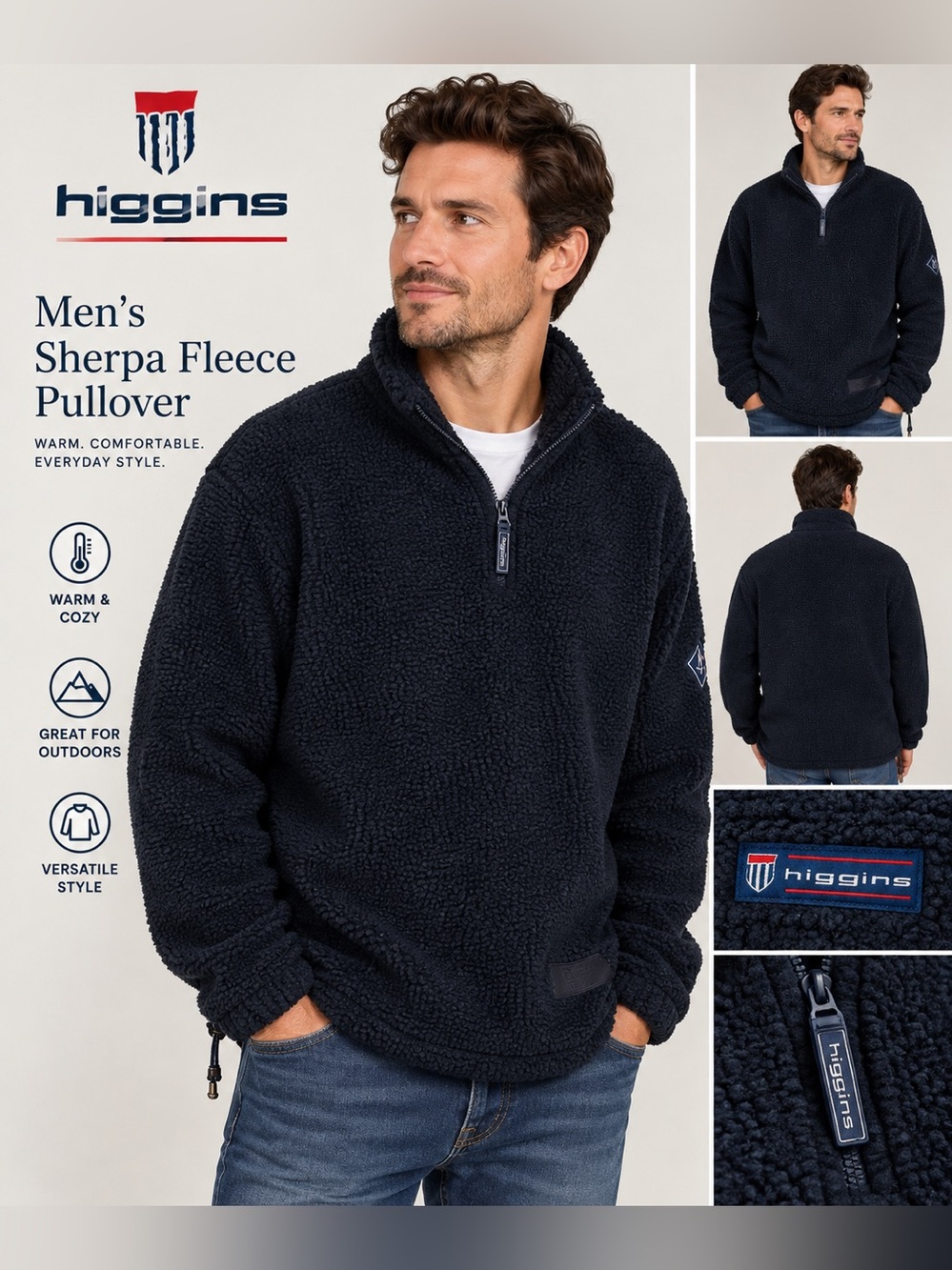 Higgins Made in England Men’s Navy Sherpa Fleece Quarter-Zip Pullover – XL